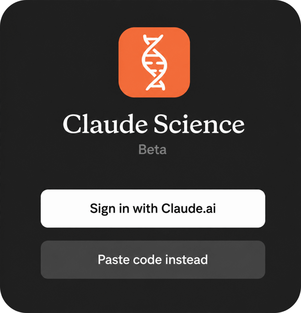 Interface de connexion à Claude Science Beta avec options d'authentification.