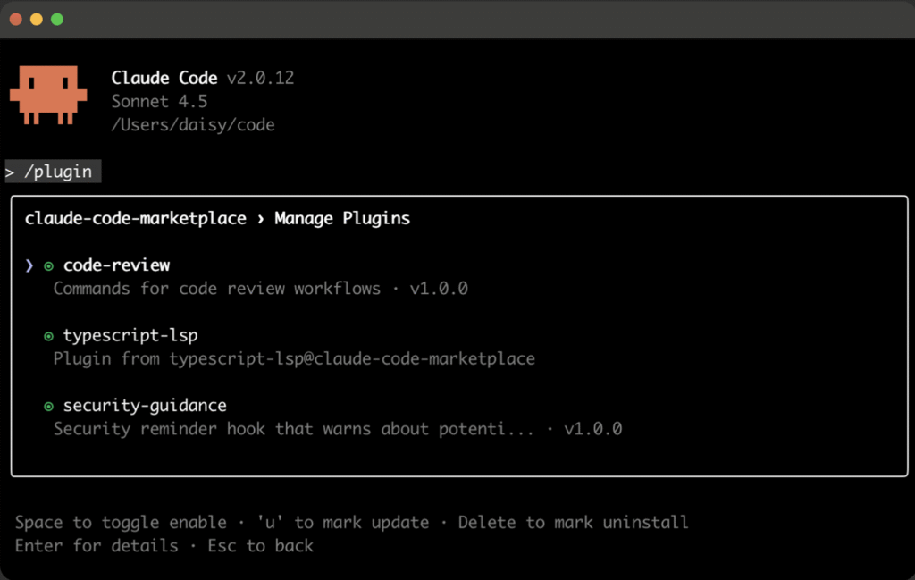 Interface terminal de Claude Code v2.0.12 avec le menu de gestion des plugins interactif.