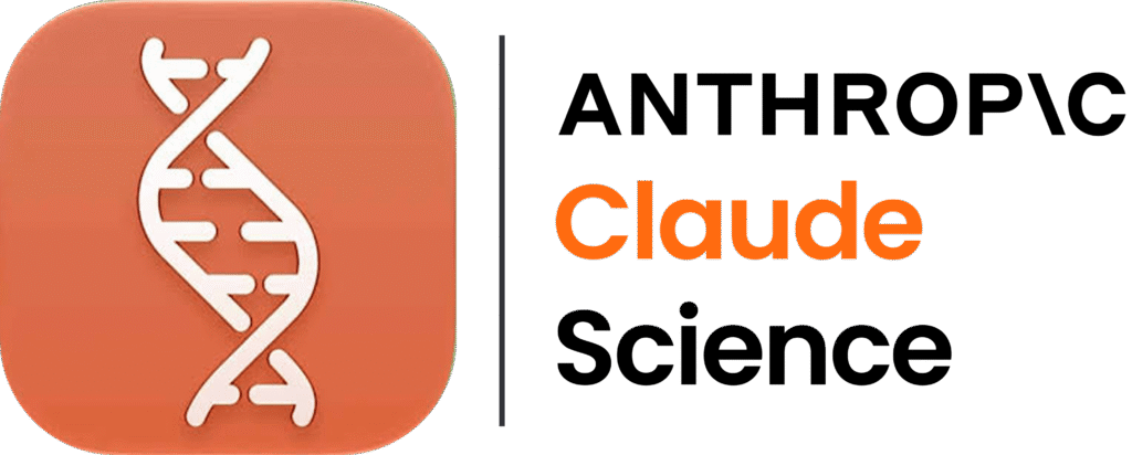Logo de Claude Science avec une double hélice d'ADN sur fond orange.