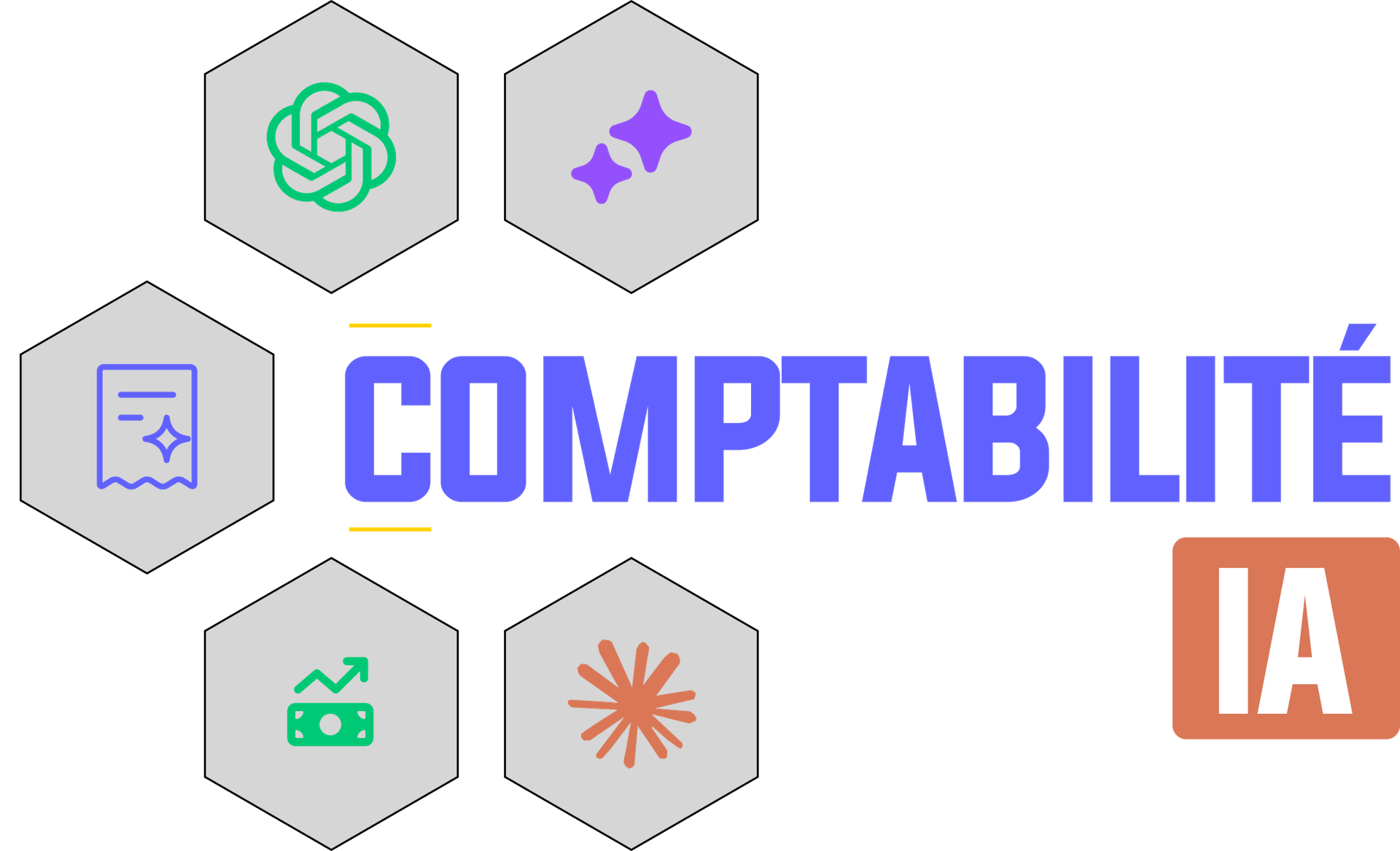 Visuel IA comptabilité : logos de ChatGPT et de Claude, icônes de facture, de trésorerie et d’IA autour du mot comptabilité.