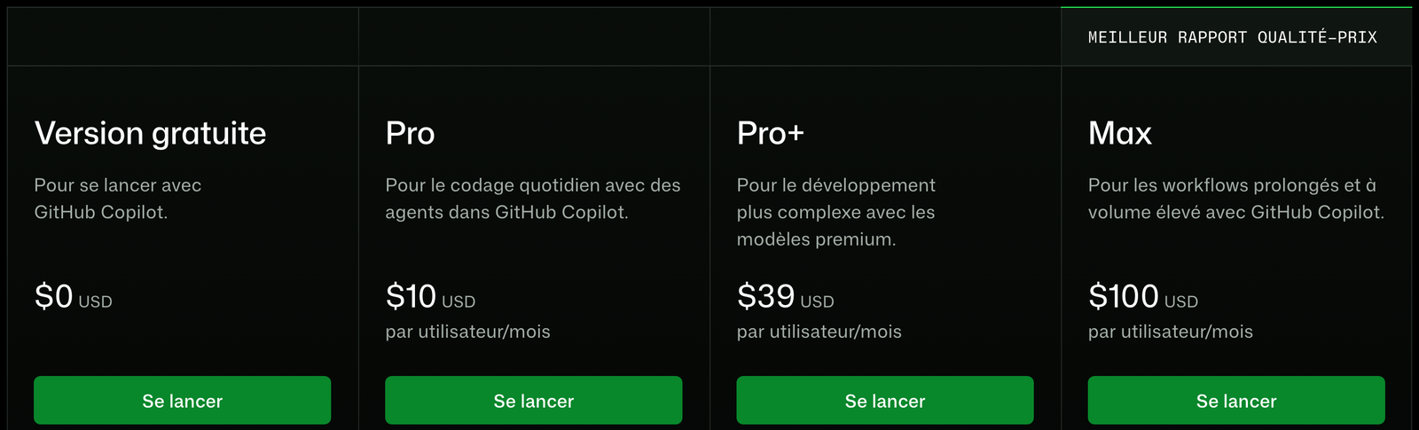 Page des forfaits GitHub Copilot : version gratuite à 0 $, Pro à 10 $, Pro+ à 39 $ et Max à 100 $ par utilisateur et par mois.