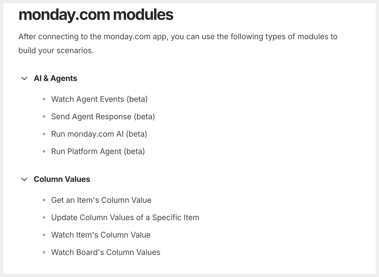 Capture de la documentation de Make : les modules monday.com d’un scénario, dont le groupe « AI & Agents » (Run monday.com AI, Run Platform Agent) et la lecture ou la mise à jour des colonnes.
