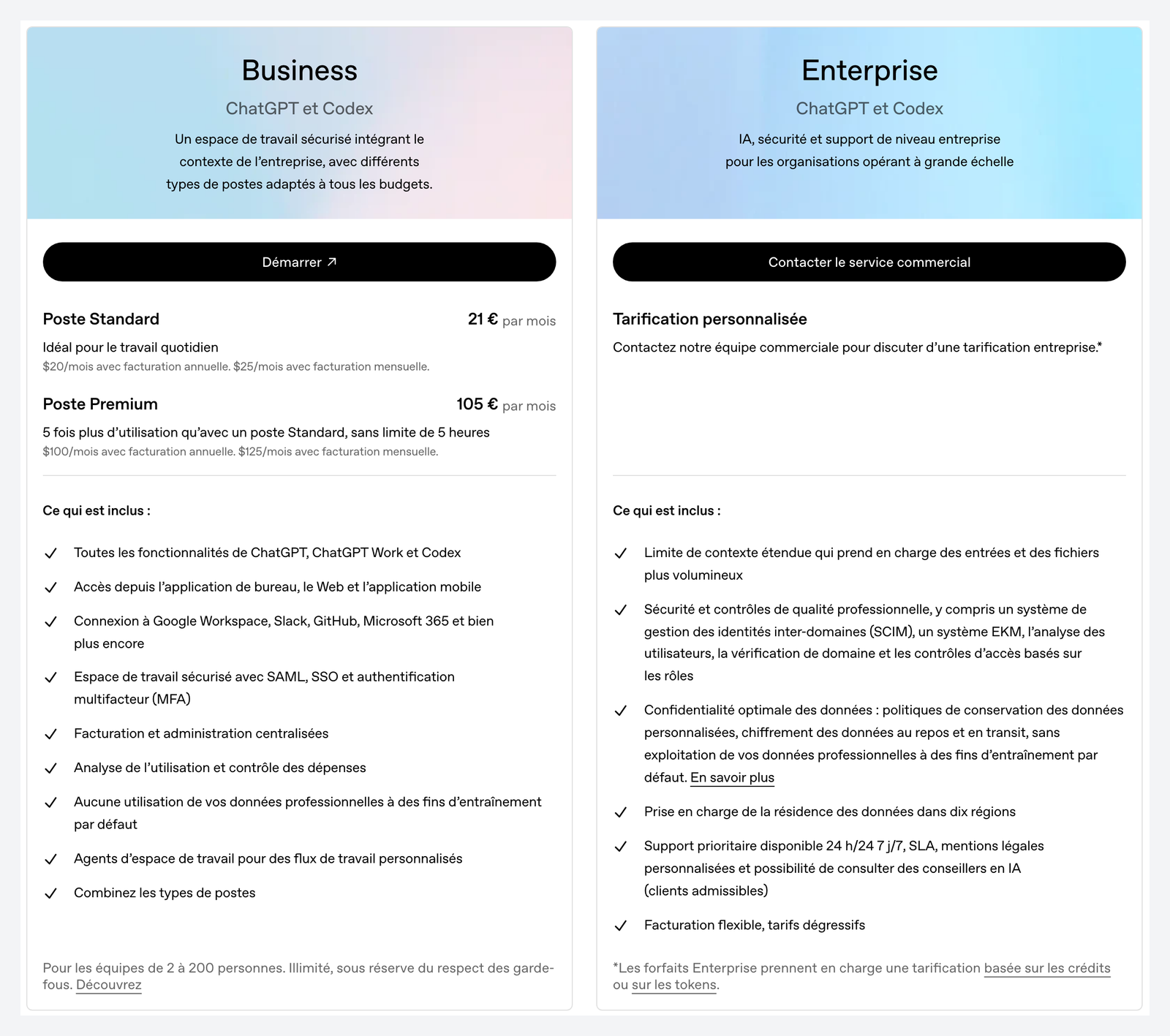 Capture de la page de tarifs Business d’OpenAI, octobre 2026 : poste Standard à 21 € par mois, poste Premium à 105 €, Enterprise sur devis, avec la liste de ce qui est inclus.