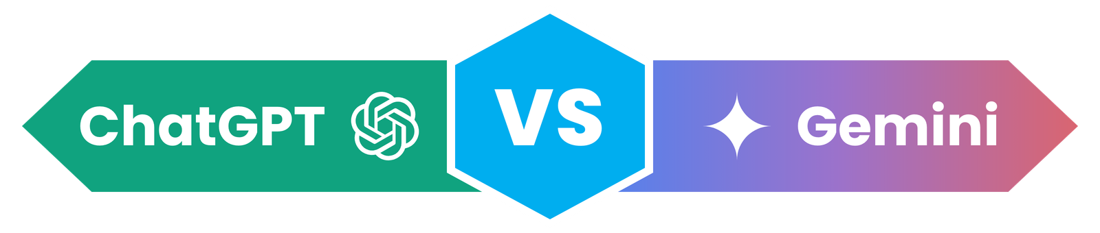 Bandeau en flèches : ChatGPT en vert à gauche, Gemini en dégradé bleu violet à droite, et un hexagone bleu VS au centre.
