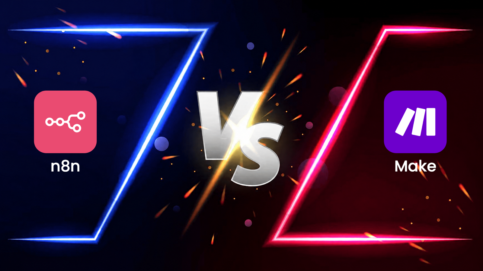Couverture n8n vs Make : le logo de n8n dans un cadre néon bleu face au logo de Make dans un cadre néon rouge, avec VS au centre.