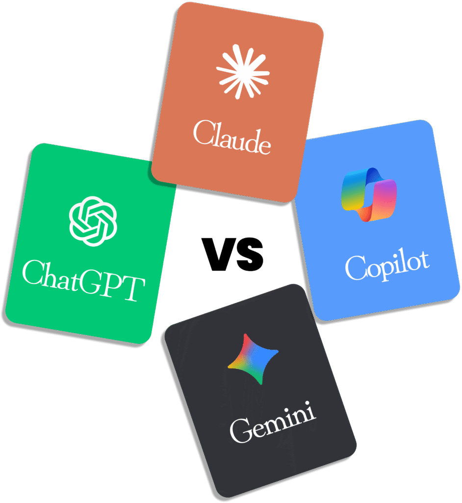 Logos des principaux modèles génériques d'IA : Claude, ChatGPT, Copilot et Gemini.