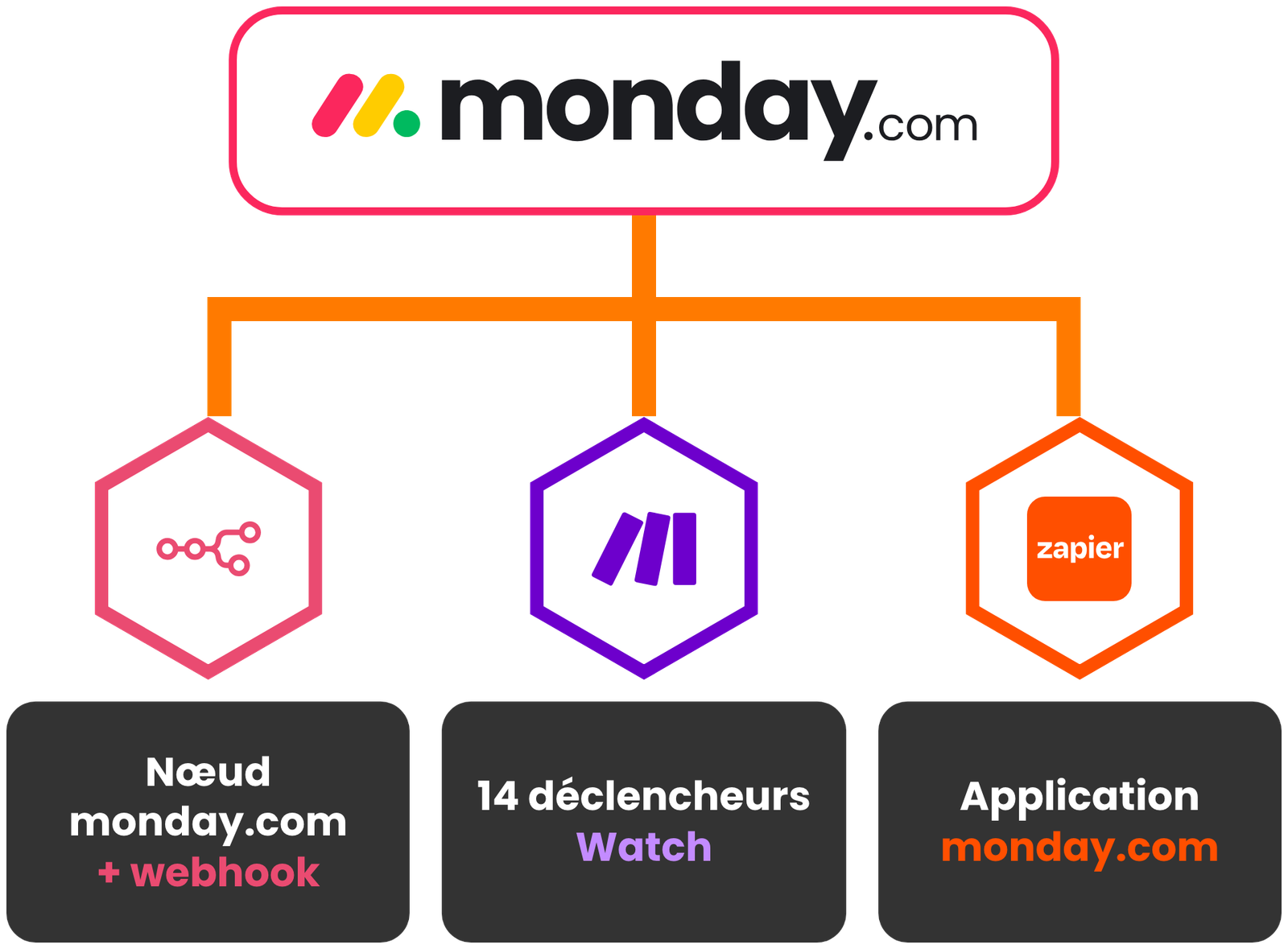 Le logo de monday.com relié à n8n, Make et Zapier : nœud monday.com et webhook chez n8n, 14 déclencheurs Watch chez Make, application monday.com chez Zapier.