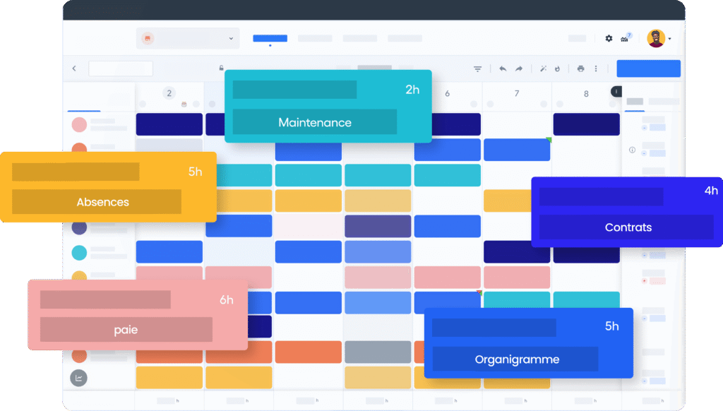 Interface d'un SIRH avec brique IA intégrée pour la gestion du temps, de la paie et des contrats.